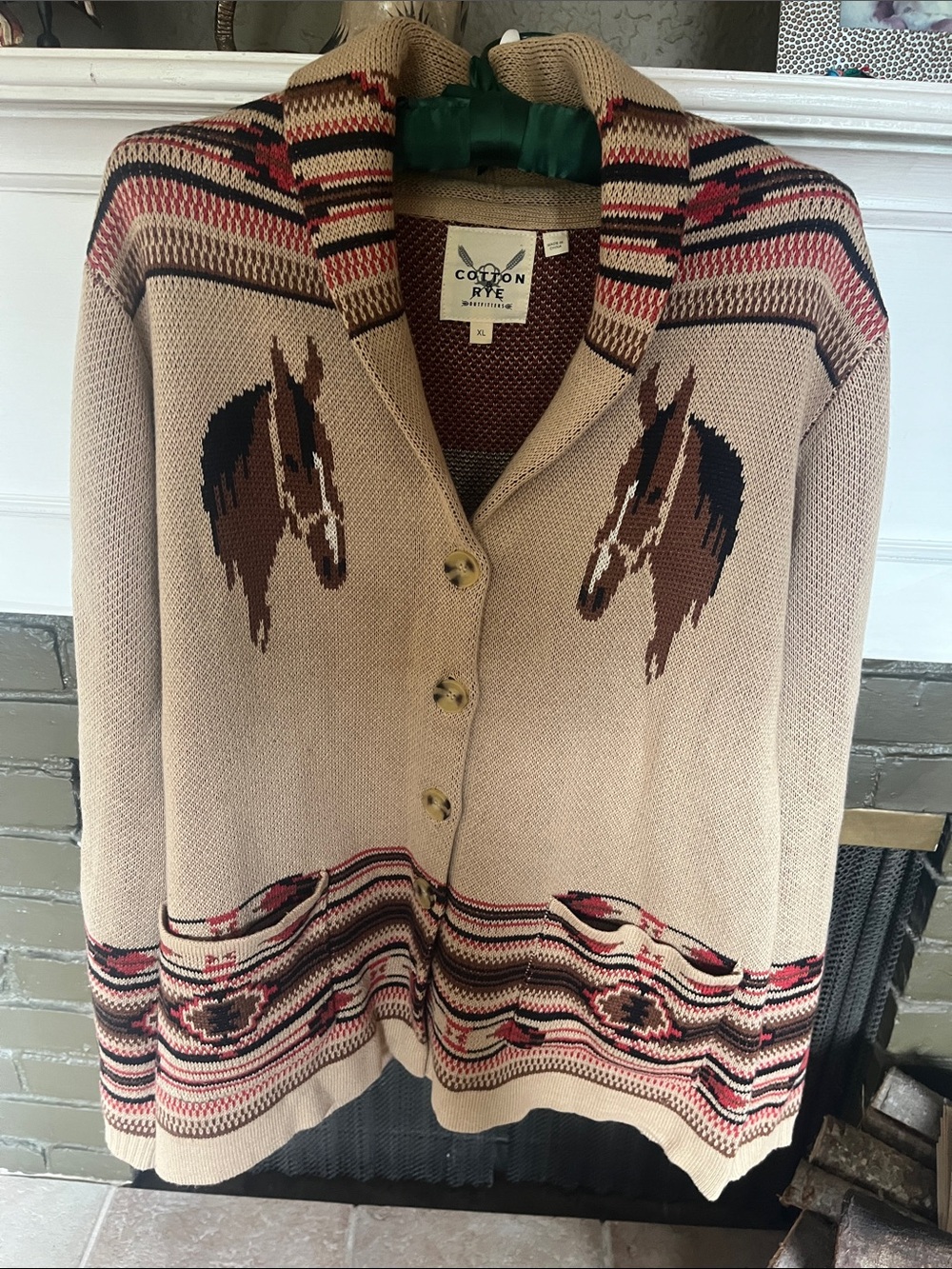 Southwestern Horse-Pattern Shawl Collar Cardigan